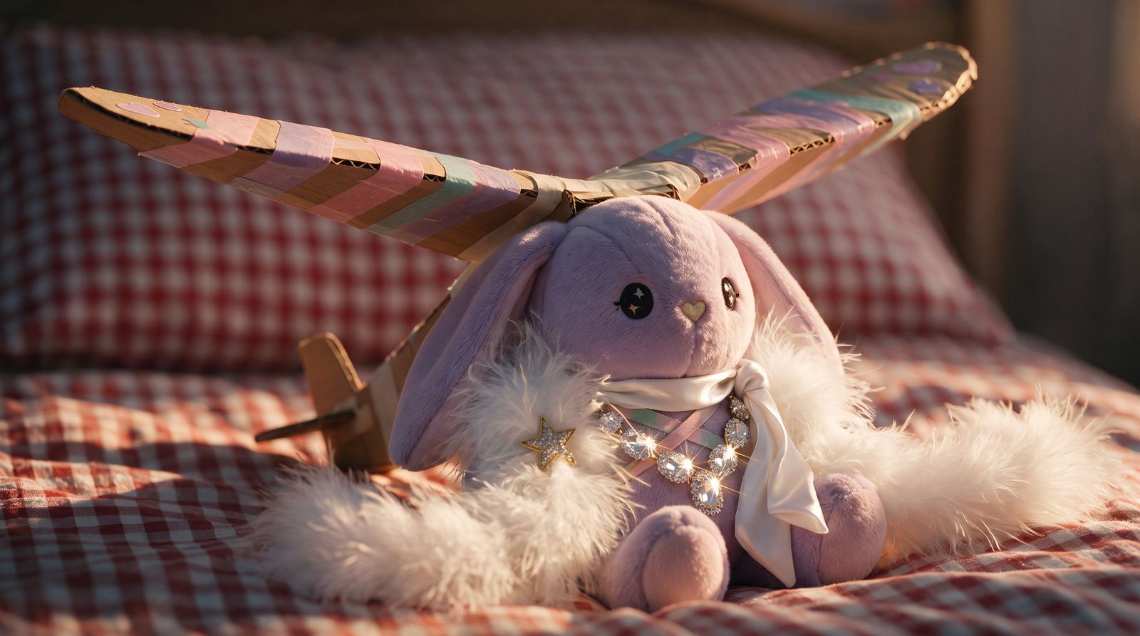 The rabbit as a diva with marabou boa, crystal necklace and satin scarf