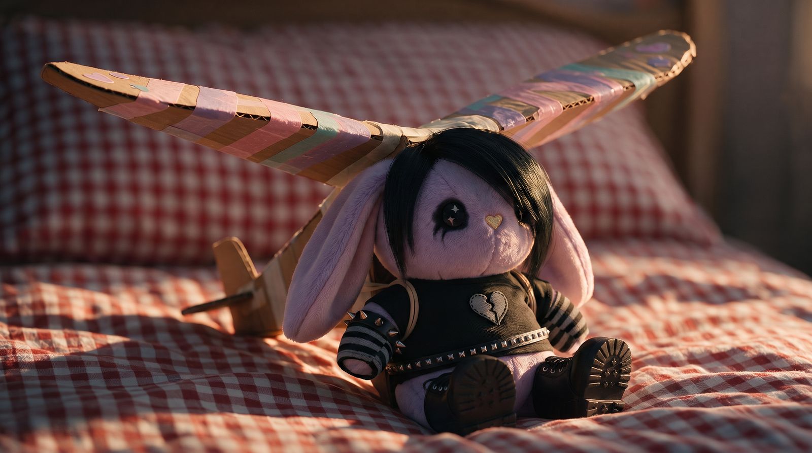 The rabbit in an emo look with side fringe and spiked cuffs