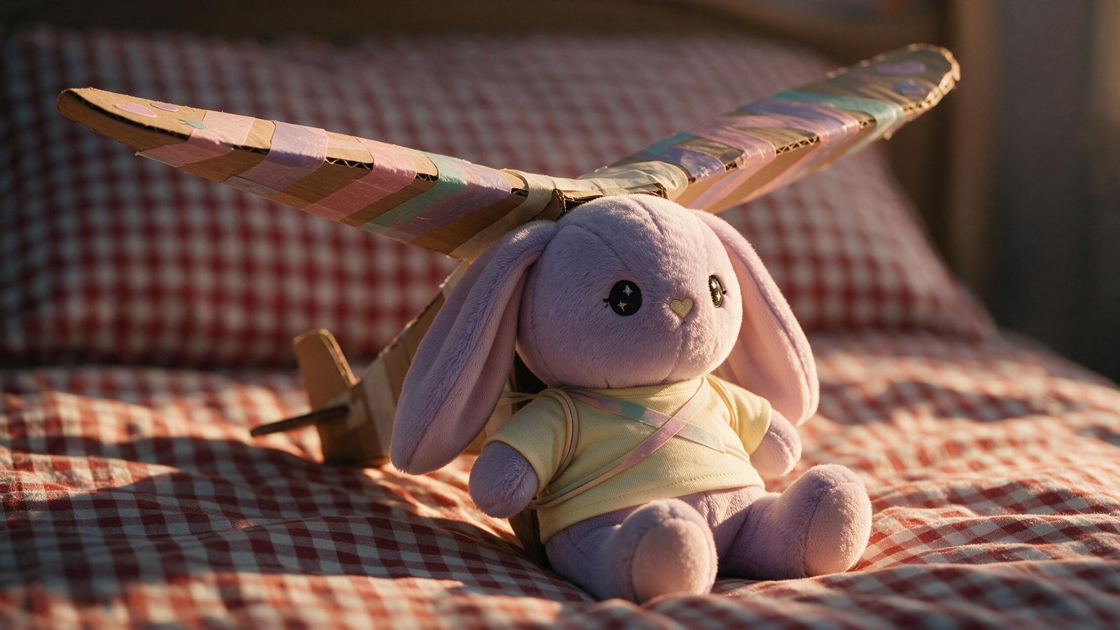 Lilac plush rabbit in a yellow tee with cardboard glider wings, on a checkered bed