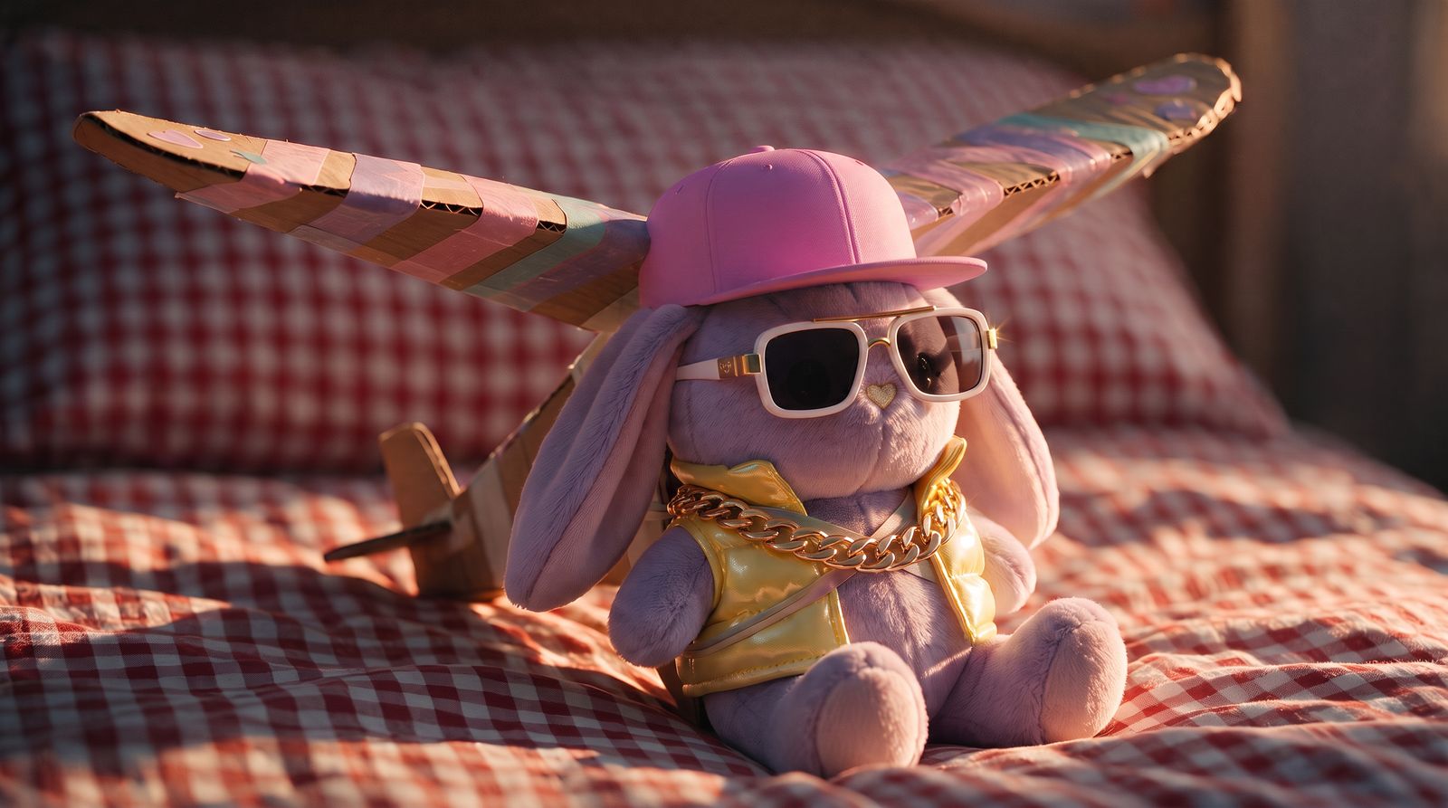 The rabbit in a hip-hop look with pink cap, white sunglasses and gold chain