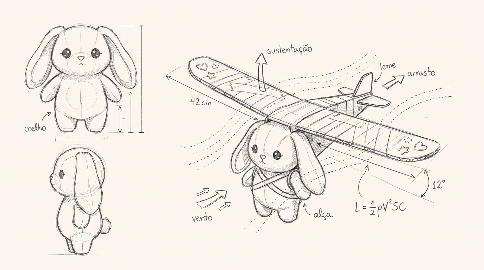 Pencil sketch of the rabbit with a cardboard glider, 42 cm span, lift formula