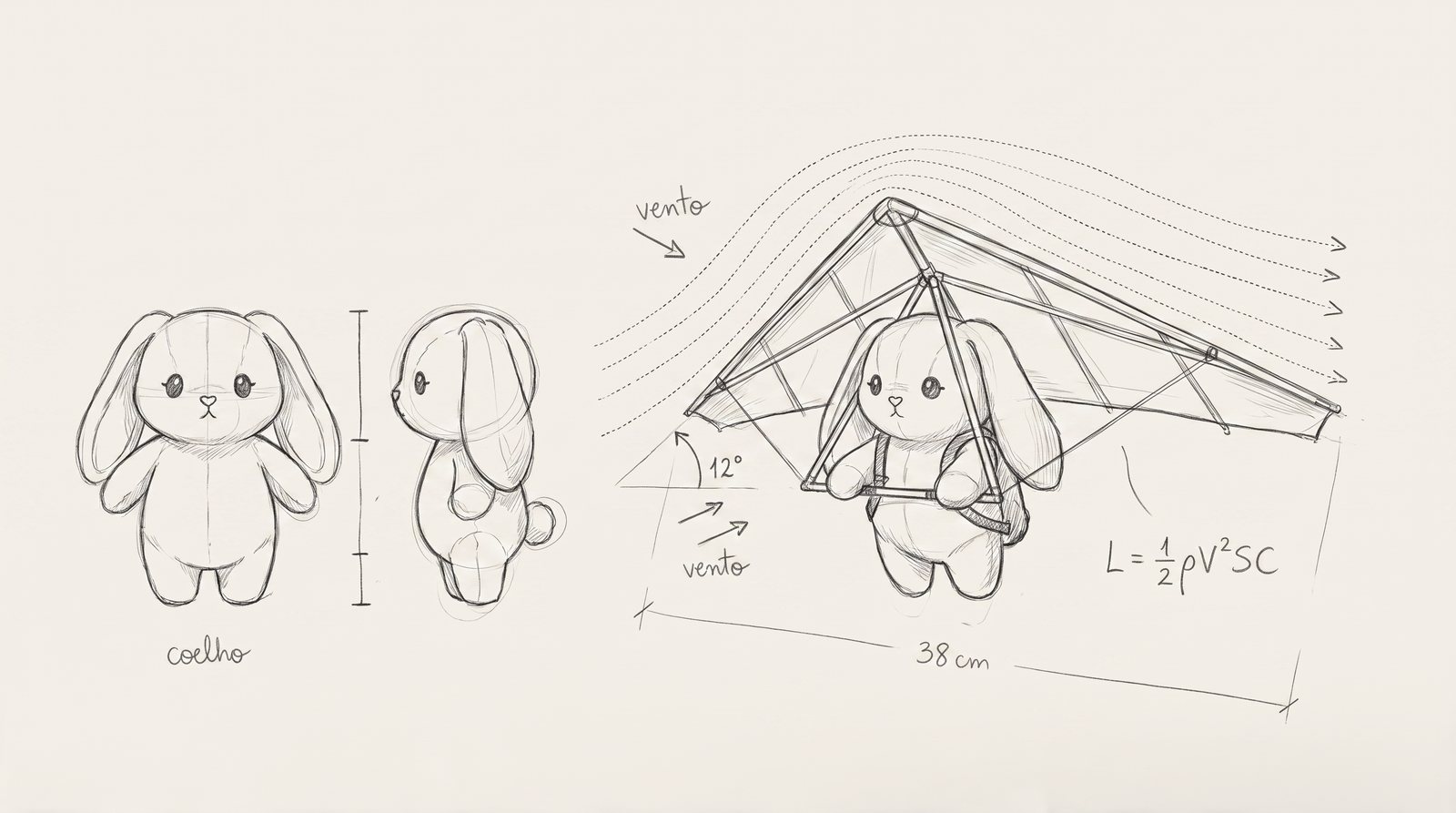 Pencil sketch of the rabbit with a hang glider, 38 cm
